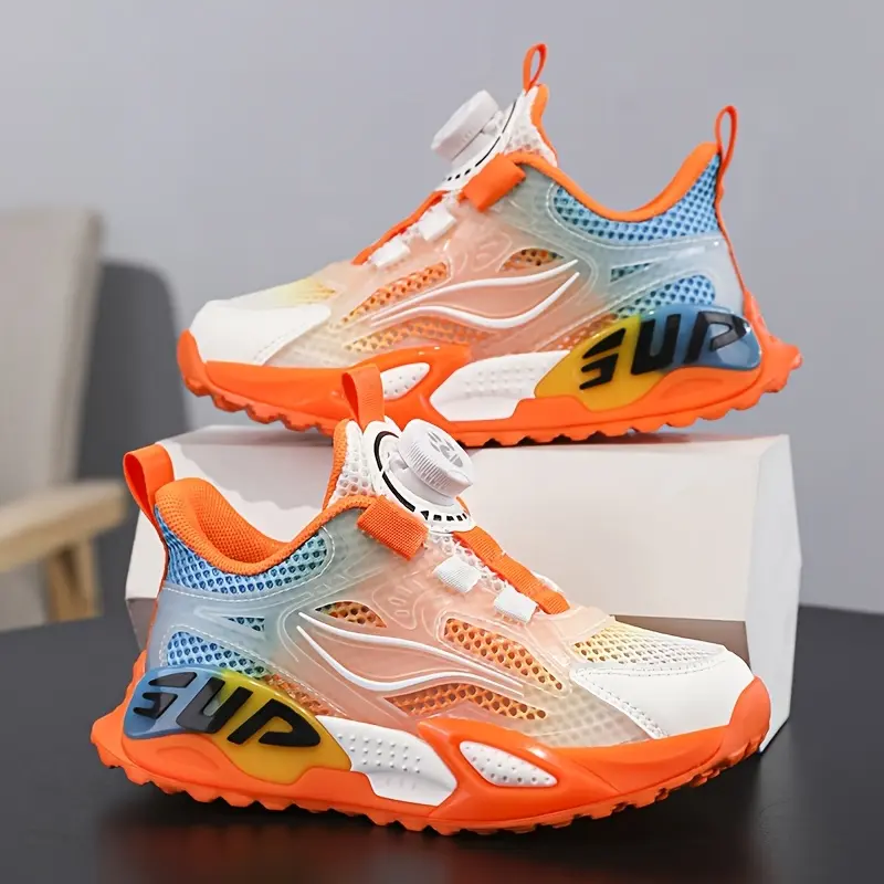 Boys' Breathable Sneakers with Rotating Hook-and-Loop Closure - Lightweight Low-Top Sneaker Shoes Suitable for School, & Casual Attire - Cushioned Sole, Striped Upper (, Teen Boys)