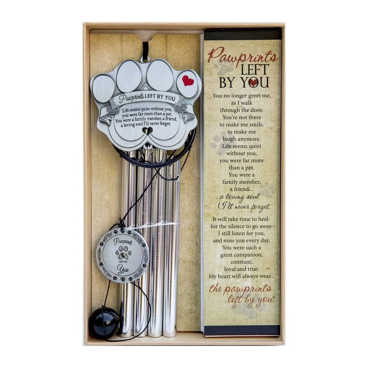Pet Memorial Wind Chime, 18 Inch Metal Casted Pawprint Design, Remembrance Gift for Grieving Pet Owner, Includes Poem Card