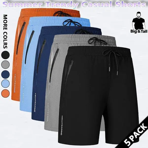Male Plus Size 5-Pack Quick Dry Lightweight Polyester-Elastane Synthetics Tech Gym Shorts, Big & Tall Active Athleisure Fitness Bottoms, Summer Casual Sportswear with Zipper Pockets