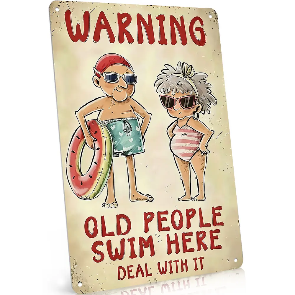 Old People Swim Here Funny Pool Warning Sign, 8"x12", Rust-Proof Aluminum Metal Sign, Vintage Retro Style, Backyard Poolside Decor, Humorous Senior Swim Art, For Patio & Gate Display, Pool Owners, Perfect Retirement Gift