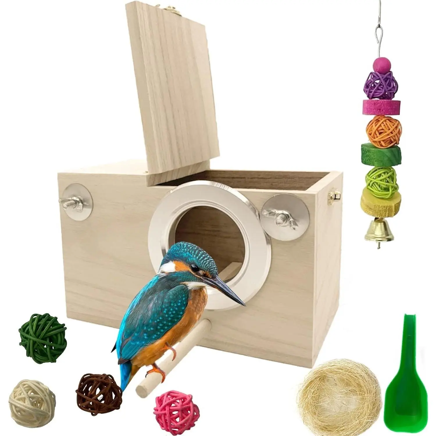 Natural Wooden Parakeet Breeding Box Bird Nesting House for Lovebird Cockatiel Finch Canary Budgie Aviary, 7Pcs (7.67x4.72x4.72 in)Gift
