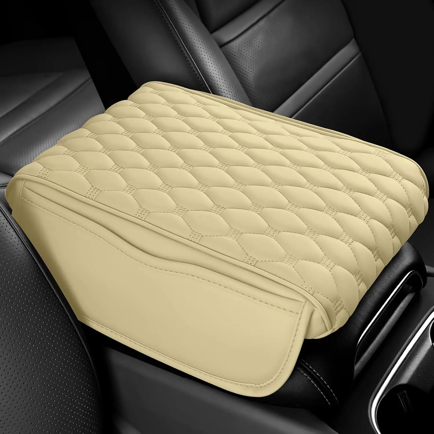 Beige Car Center Console Armrest Cover - 12.13"×8.66"×3.74" Leather Memory Foam Cushion Pad, 2 Side Pockets, Modern Elastic Mesh Fit, Easy Install, Protects Armrest for Sedan/SUV