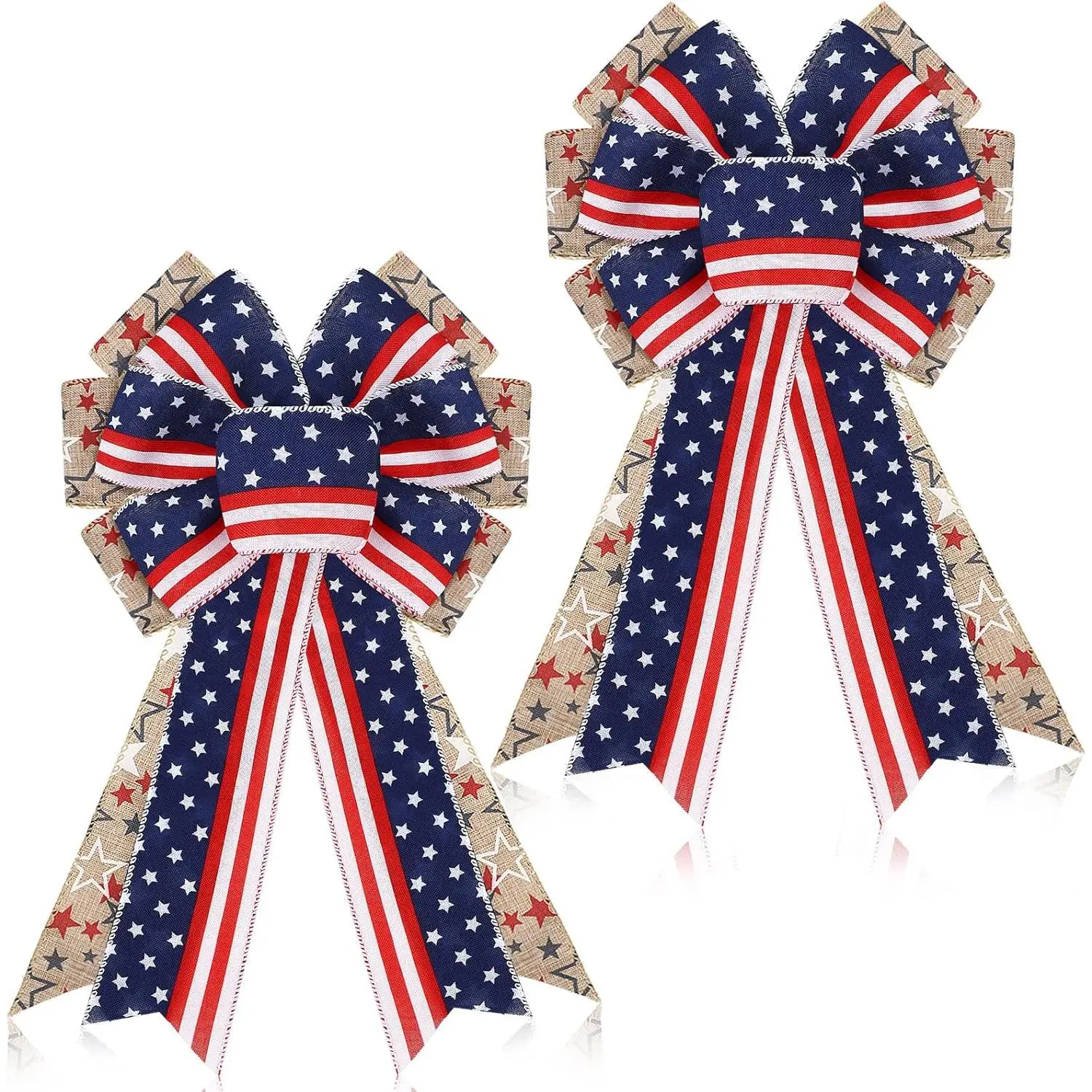 2 Pcs 4th of July Bow Patriotic Wreath Red White Blue Star Burlap Bow American Flag Wreath for 250th Anniversary, Independence Day, Veteran's Day, Indoor Outdoor Tree Topper Decor(Star Style)fidget toys
