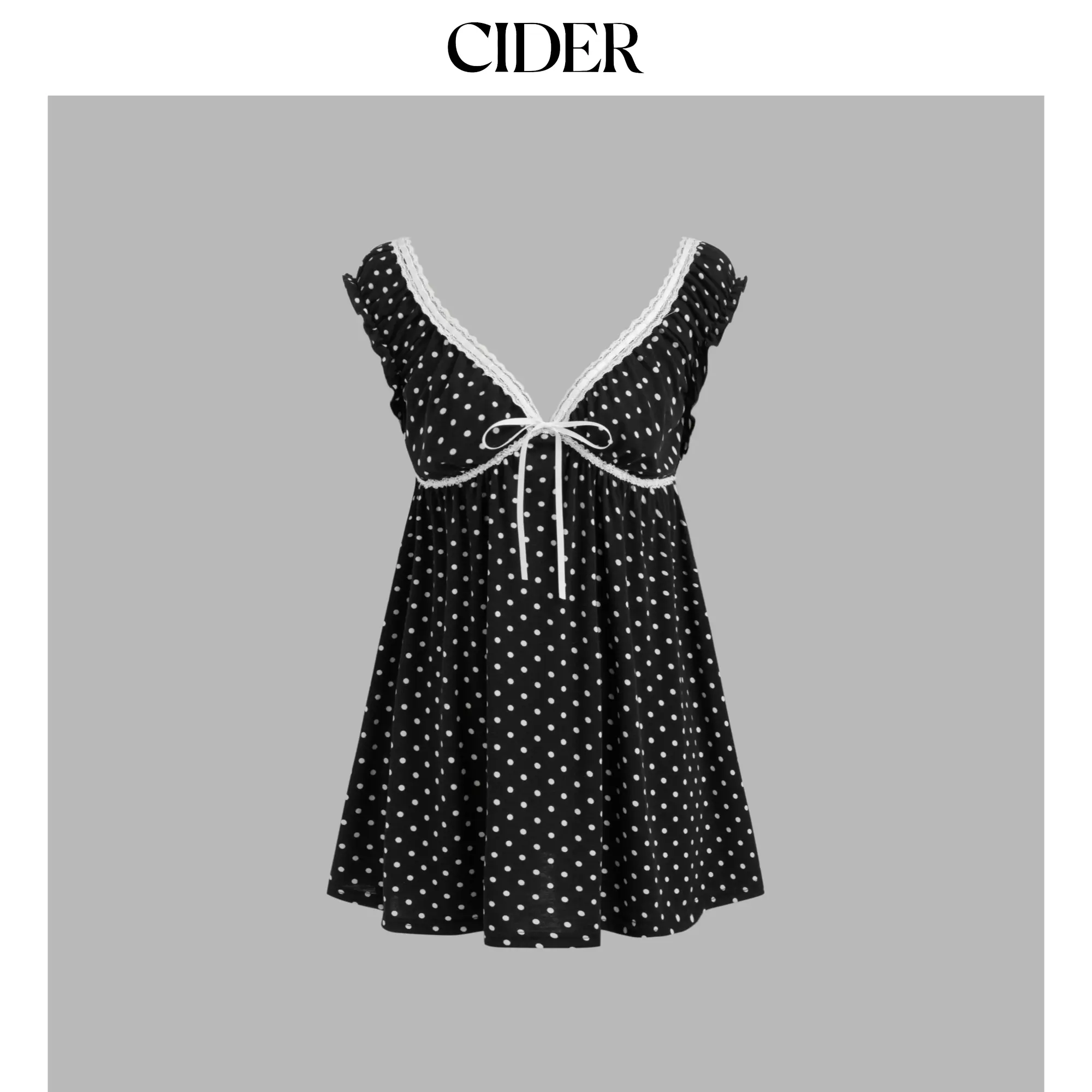 Cider [size 0-10] V-neck Polka Dot Lace Trim Bowknot Mini Dress SummerFinds