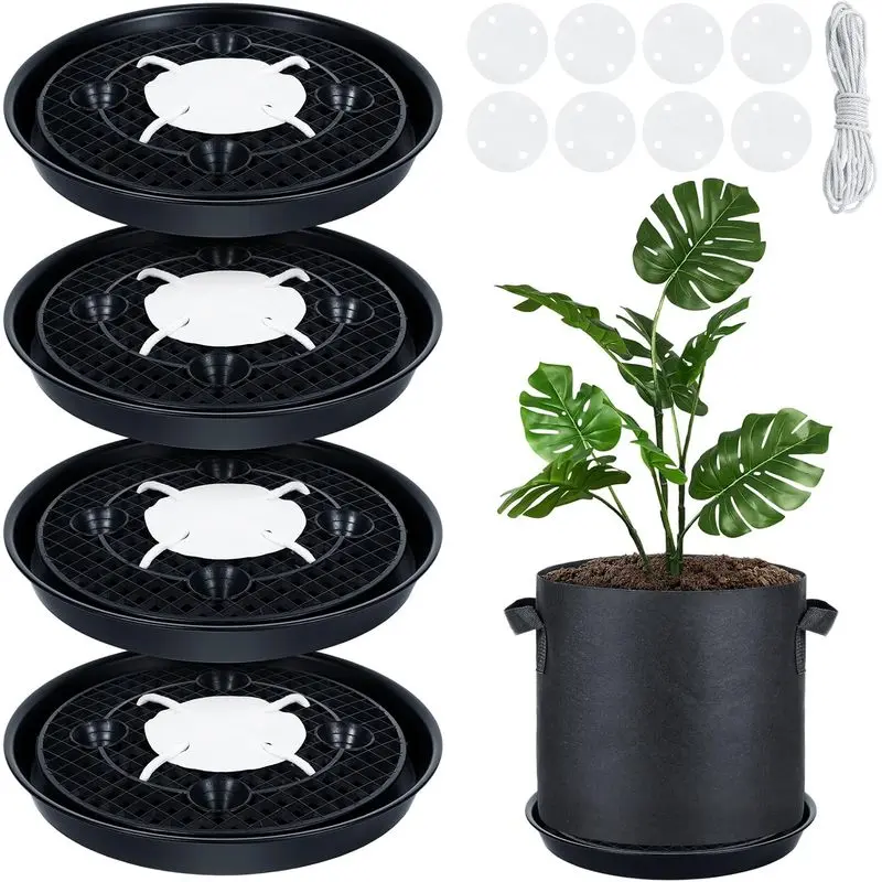 4-Pack 14-Inch Self-Watering Fabric Pot Bases, Auto-Irrigation Plant Saucer Trays with Wick System, Elevated Stands for 5-Gal Grow Bags, Indoor Outdoor Garden Home Supplies