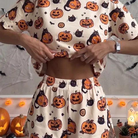 Women's Halloween party 2-piece set with pumpkin ghost print: a casual loose knit short-sleeved top and high-slit shorts; stylish loungewear, Relaxed Lounge Set, suitable for everyday wear, parties, and other occasions.