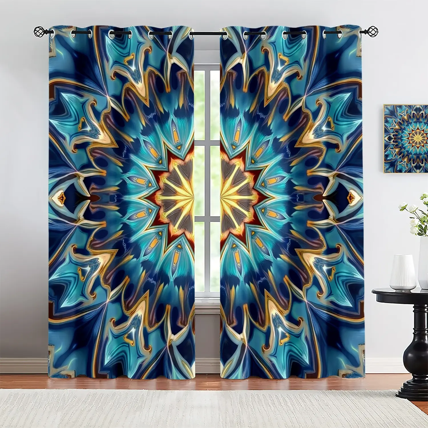 2pc Blue Gold Mandala Pattern Curtains, 2D Flat Printing, Decorative Window Treatment for Bedroom & Living Room, Polyester Material