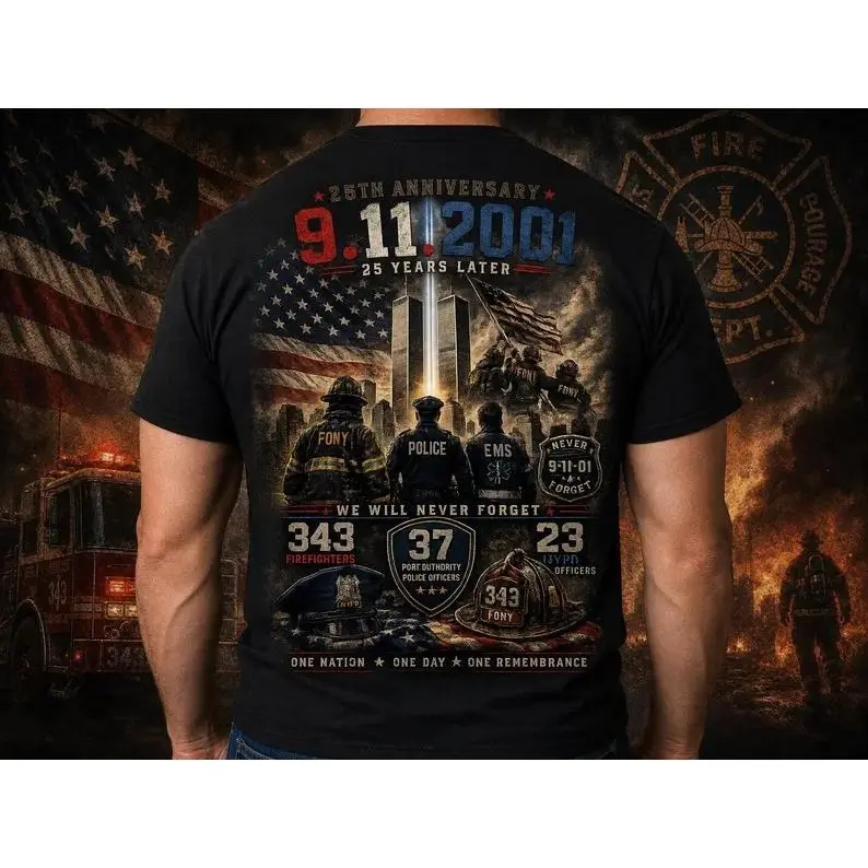 Boys' 9/11 25th Anniversary Memorial Cotton Patriotic Tee, Crew Neck Short Sleeves Medium Cut FDNY Police EMS Tribute Shirt