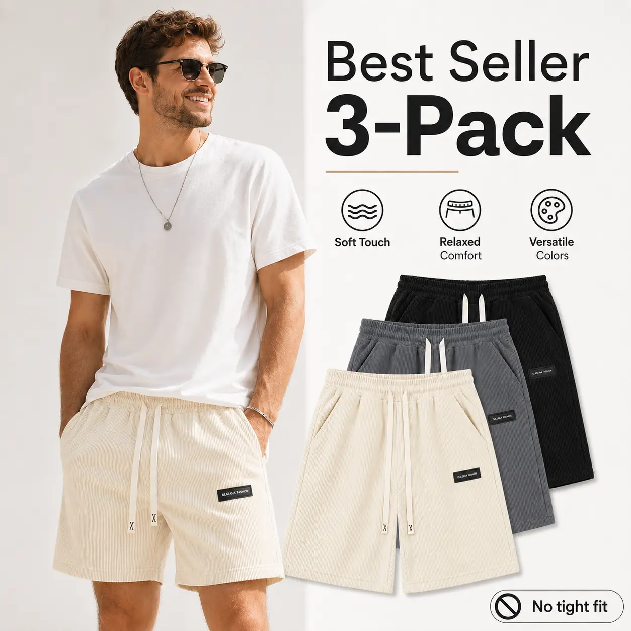 3 Pack Men's Corduroy Shorts Soft Stretch Casual Summer Shorts Elastic Waist Drawstring Lounge Shorts for Everyday Wear