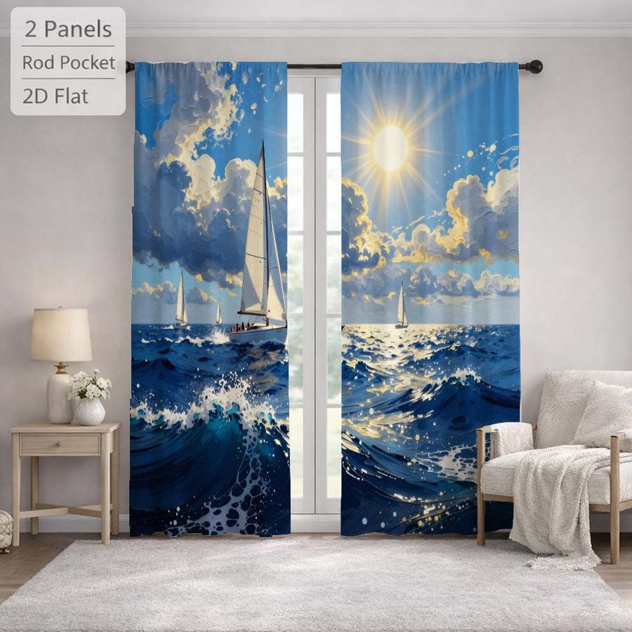 2Pcs Nautical Ocean Seascape Sailboat Sun Blocking Curtains Digital Printed Rod Pocket, Window Treatment For Bedroom Office Kitchen Living Room Study Home Decor