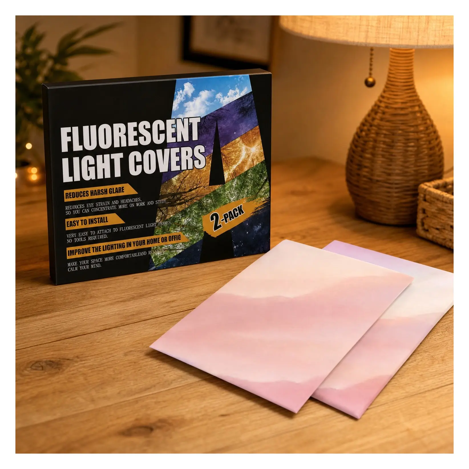 2 Pcs Fluorescent Light Covers, 4x2 Feet Magnetic Ceiling Light Filters for Classroom, Office, Hospital, Home (Pink - Sky)Gift