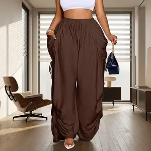Women's Casual Loose-Fit High Waist Wide Leg Pants, All-Season Woven Fabric, Long Plain Design, Daily Commute &Flattering High Waist Wide Leg Pants For Women Casual Loose Fit All Season Woven Fabric Elastic Waistband Daily Commute Vacation Wear Plain Long