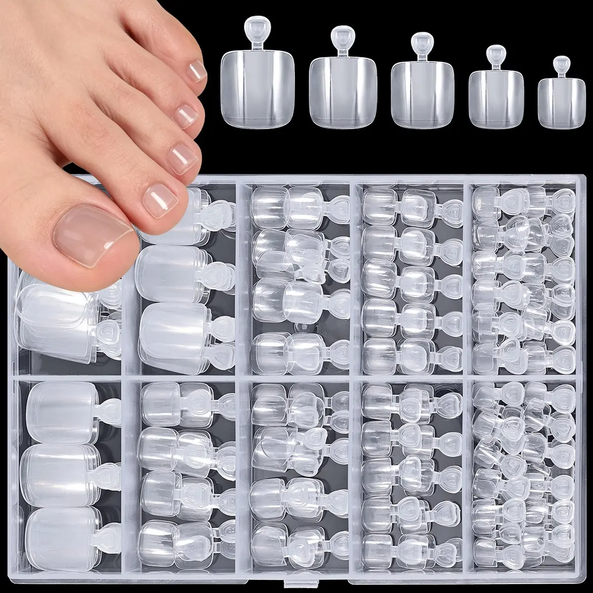 240pcs Transparent Toe Nail Tips Set, Short Square Tip DIY False Toe Nails, Press on Toenails, Fake Toenails, Clear Nail Tips