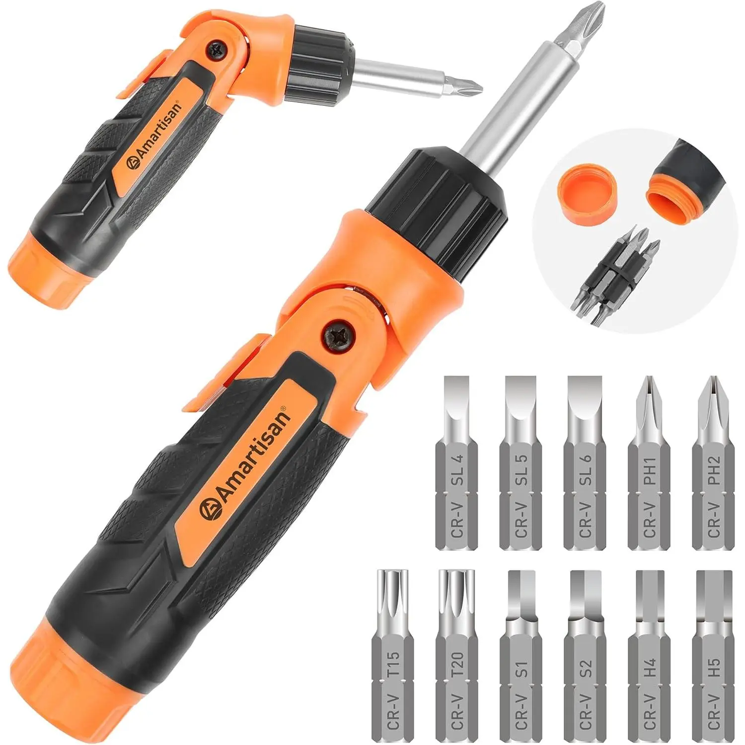 12-in-1 Multi Bit Screwdriver, Ratchet Screwdriver, 60-Degree Adjust Screw Driver, Slotted//Torx/Square/Hex