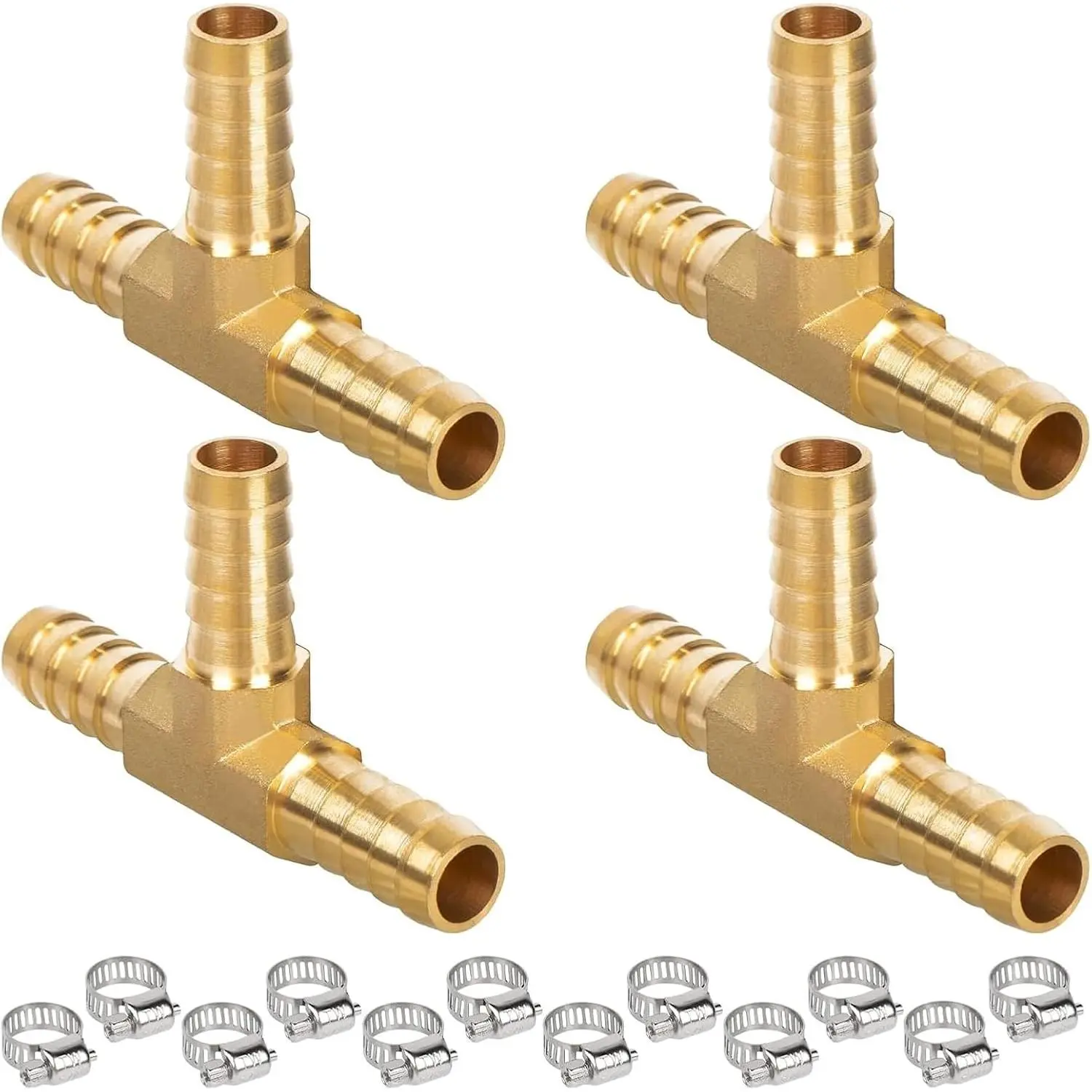 1/4" Hose Tee Barb, Brass Hose Barb Fittings, 3 Way Union Intersection Adapter for Air, Water,  Systems, Includes 12 Stainless Steel Clamps, Leak-Resistant, 4-Pack