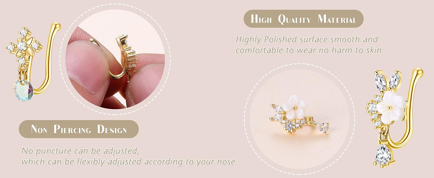 12-16Pcs Nose Cuff Fake Nose Ring Hoop Clip on Nose Ring CZ Dangle Fake Nose Ring Cartilage Tragus Ring Nose Cuff Non Piercing for Women Men Gold Silver