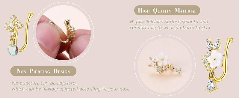 12-16Pcs Nose Cuff Fake Nose Ring Hoop Clip on Nose Ring CZ Dangle Fake Nose Ring Cartilage Tragus Ring Nose Cuff Non Piercing for Women Men Gold Silver