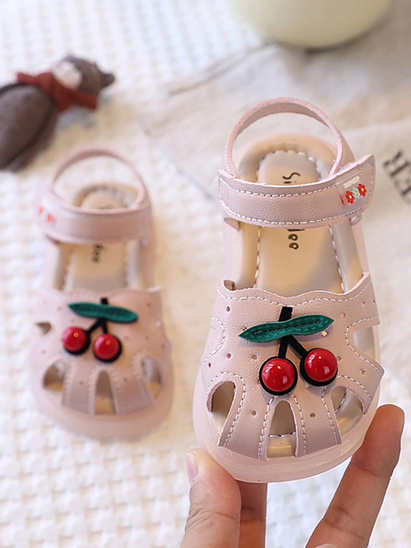 Cherry Decor Baby Sandals, Cute Cartoon Style, Breathable Mesh Upper, Velcro Closure, Non-Slip Rubber Sole, Ideal for Summer