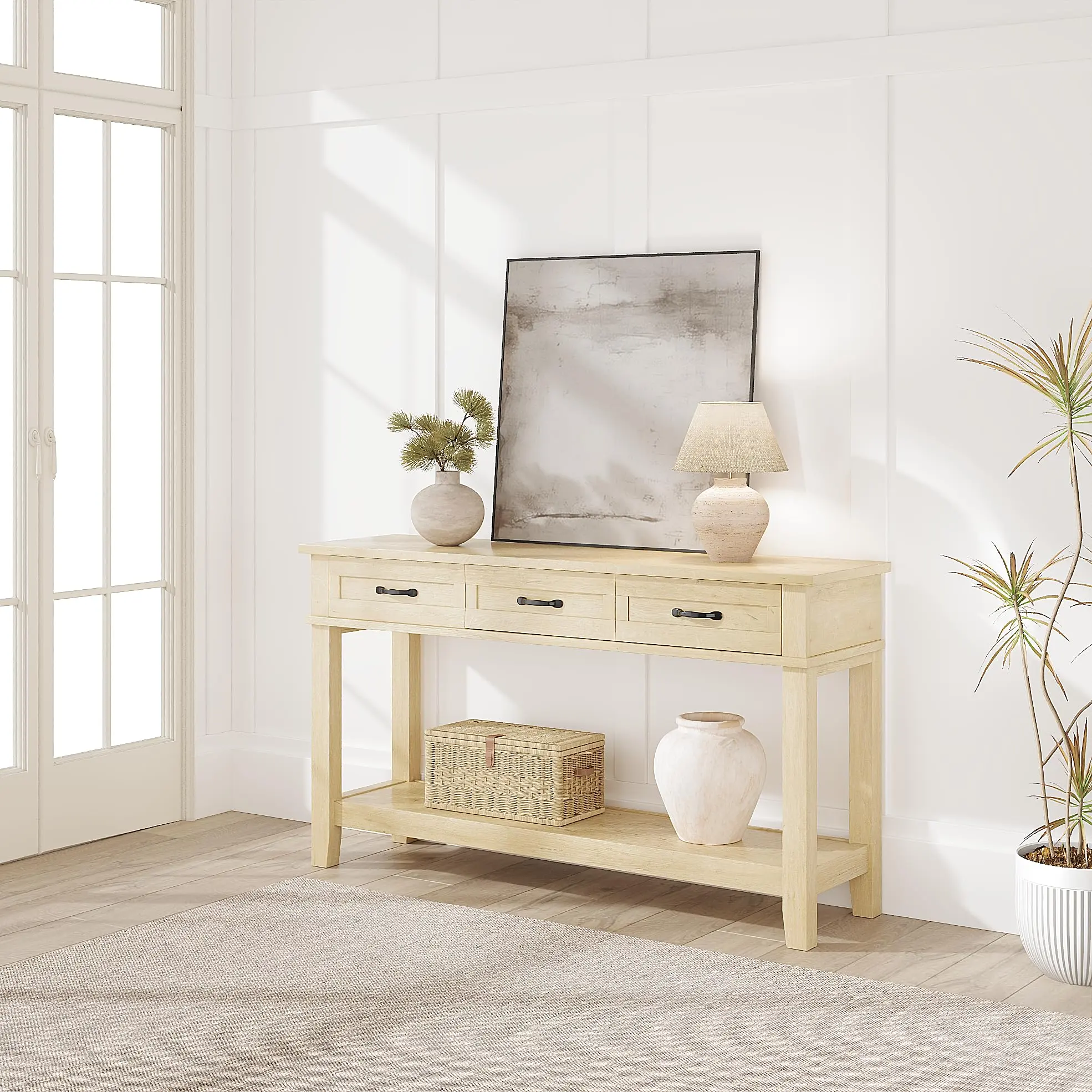 54 Inch Narrow Console Table with 3 Drawers and Open Storage Shelf, Waterproof Easy Clean Sofa Hallway Accent Table for Entryway Living Room