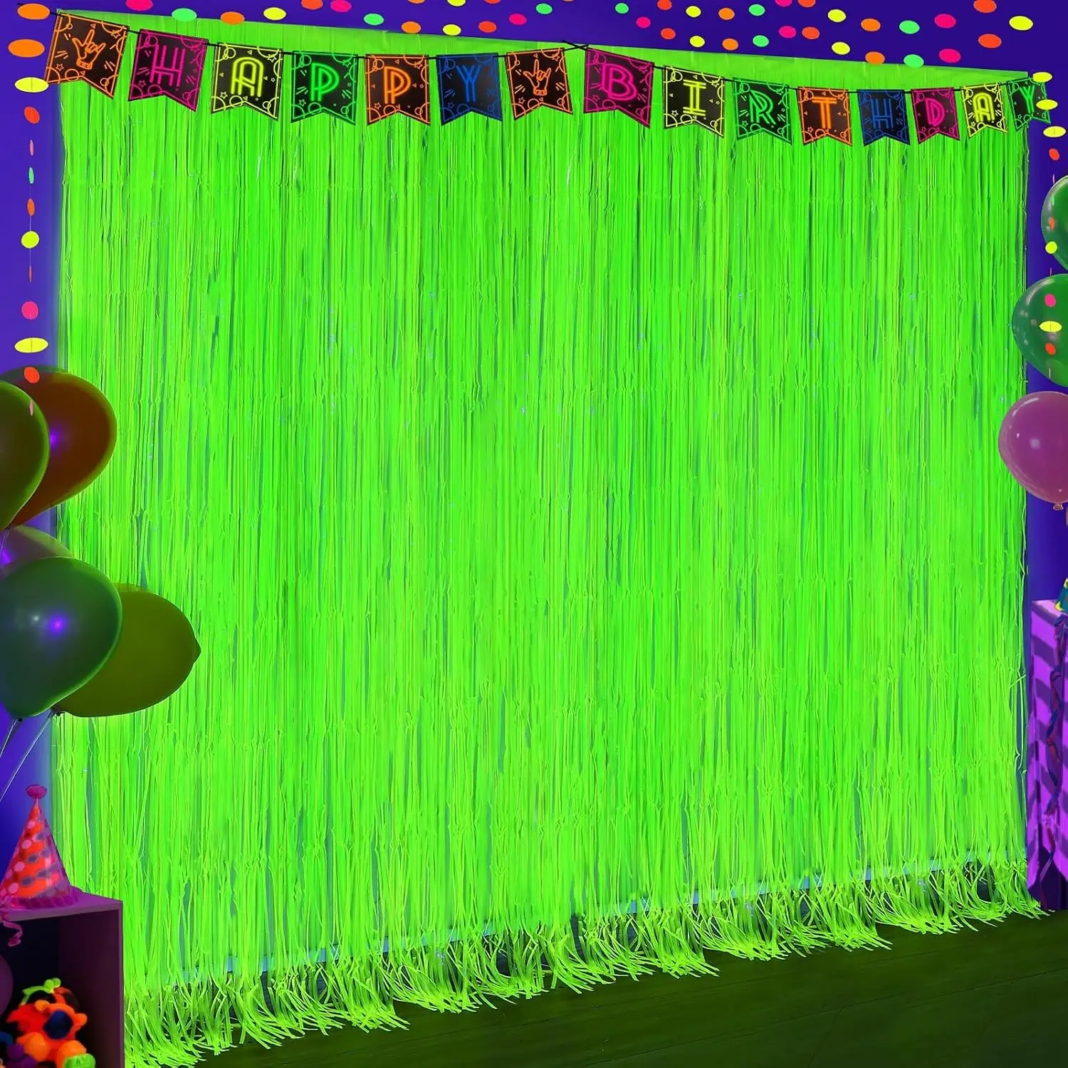 2 Pack Glow in The Dark 6.6 x 6.6 ft Fluorescent Macaron Yellow Tinsel Foil Fringe Curtains Neon Party Decorations Photo Booth Prop Backdrop Streamers for Birthday Halloween Party