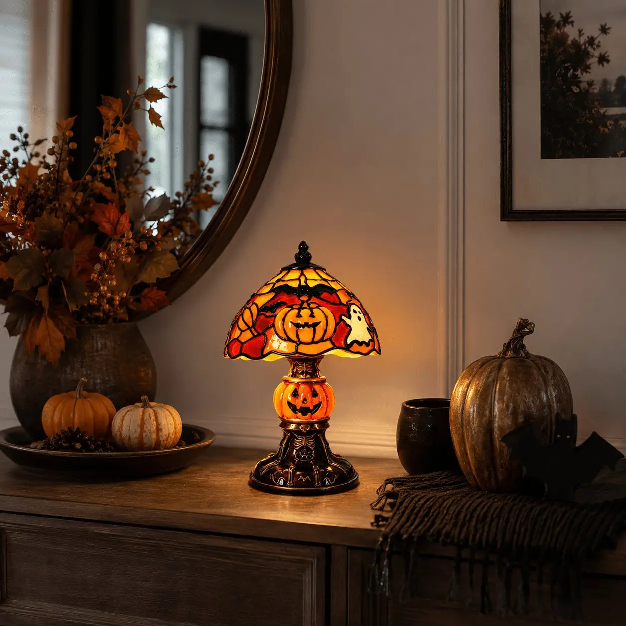 Vintage Resin Stained Glass Pumpkin & Bat Table Lamp, Gothic Skeleton Base Soft Glow Night Light, USB Powered Halloween Ambient Decor Lamp for Bedroom & Living Room, Home Holiday Gift Creating Mysterious Atmosphere