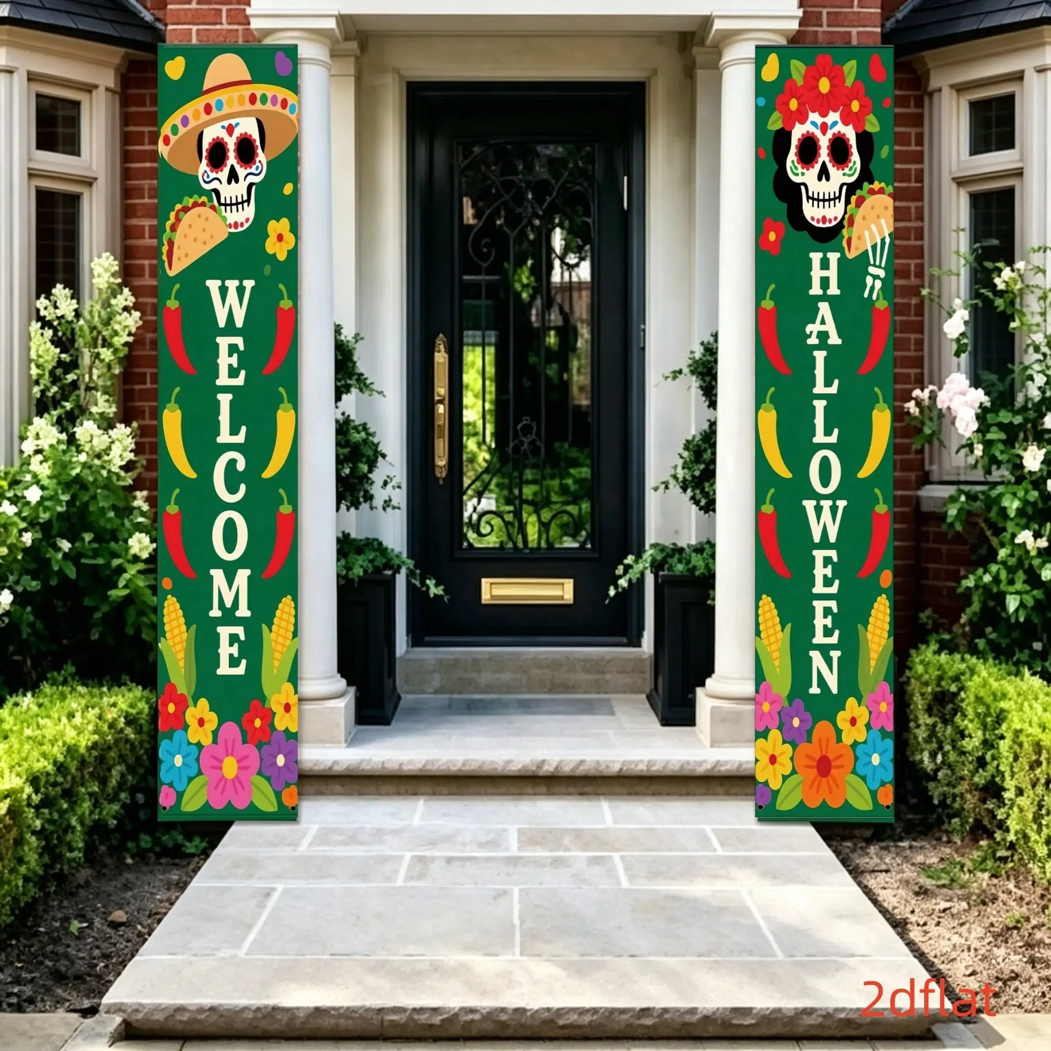 2-Pack Deep Cartoon Sugar Skull Welcome Banner, Mexican Day of the Dead Party Decor, Latin American Food Theme, Indoor Outdoor Decoration