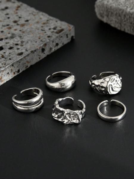 Men's Punk Style Geometric Liquid Metal Set, Zinc Alloy Adjustable Jewelry, Casual Fashion Accessory for All Seasons, Stacking Ring Set