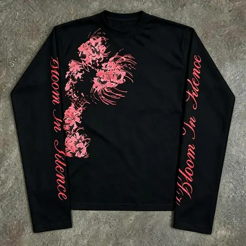 Unisex White 100% Cotton Diagonal Floral Distressed Print Dual Sleeve Script Long Sleeve Tee Streetwear American Sweet Cool Vintage Cropped Slim Casual Top