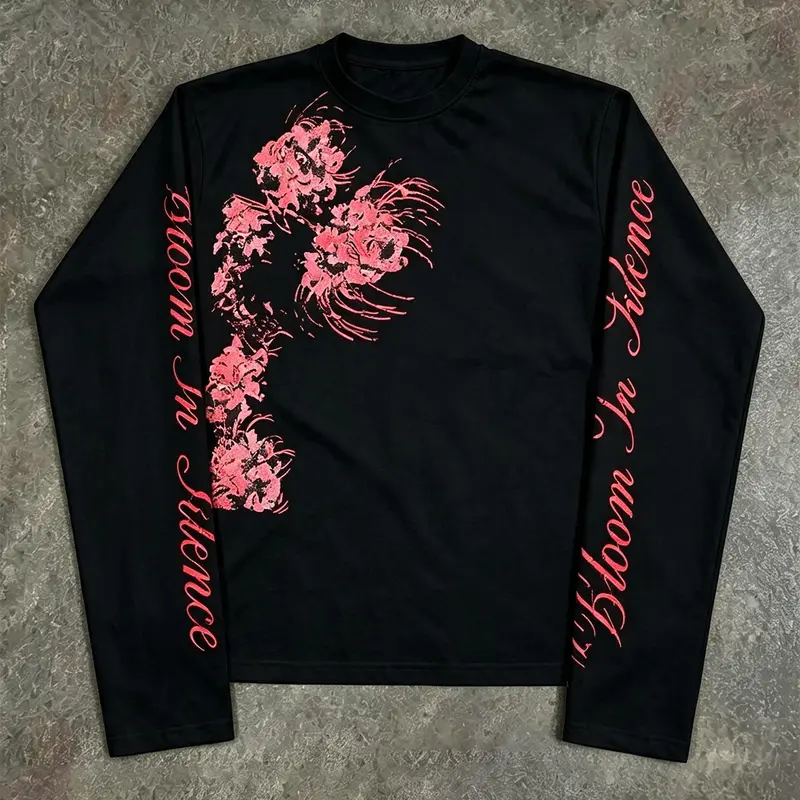 Unisex White 100% Cotton Diagonal Floral Distressed Print Dual Sleeve Script Long Sleeve Tee Streetwear American Sweet Cool Vintage Cropped Slim Casual Top