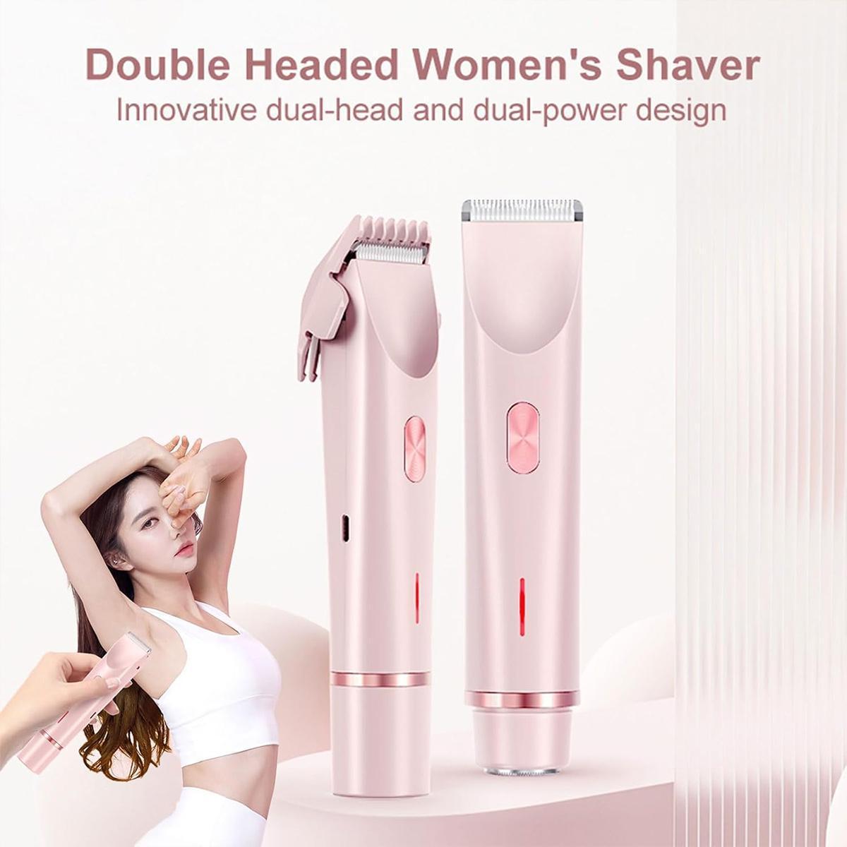 Bikini Trimmer for Women, Electric Shaver and Razor Rechargeable 2-in-1 Body and Facial Epilator, Dual Heads for Painless Trimming of Pubic Hair, Face, Underarms and Legs, Summer Gift