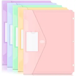 Binder Pocket, 5 Pack Super Heavyweight Plastic Folders with Tight Closure, Binder Folders Side Loading, 3 Ring Binder Pocket, Binder Dividers with Pockets, Letter Size, Pastels Series