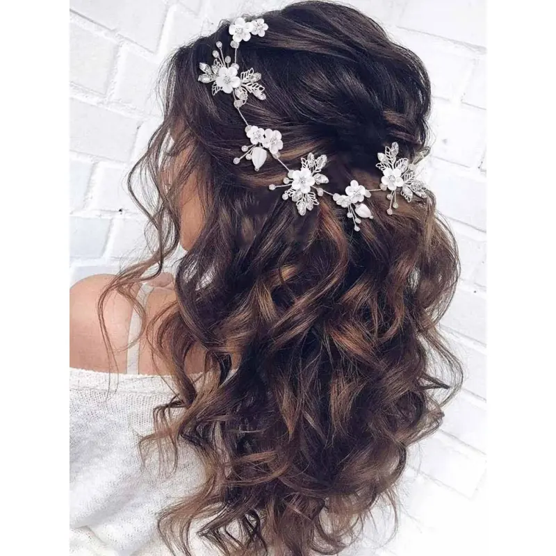 Bride Silver Wedding Hair Vine Flower Bridal Hair Piece Leaf Party Hair Accessories Crystal Hair Jewelry Rhinestone Headpieces for Women and Girls