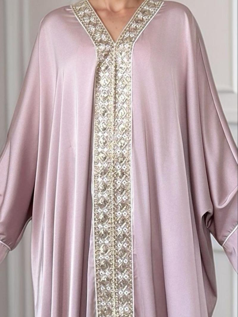 Women's Lace Embellishment V Neck Abaya, Modest Long Sleeve Maxi Dress for Party Wedding Guest, Ladies Islamic Clothing for All Seasons, Modest Muslim Outfits