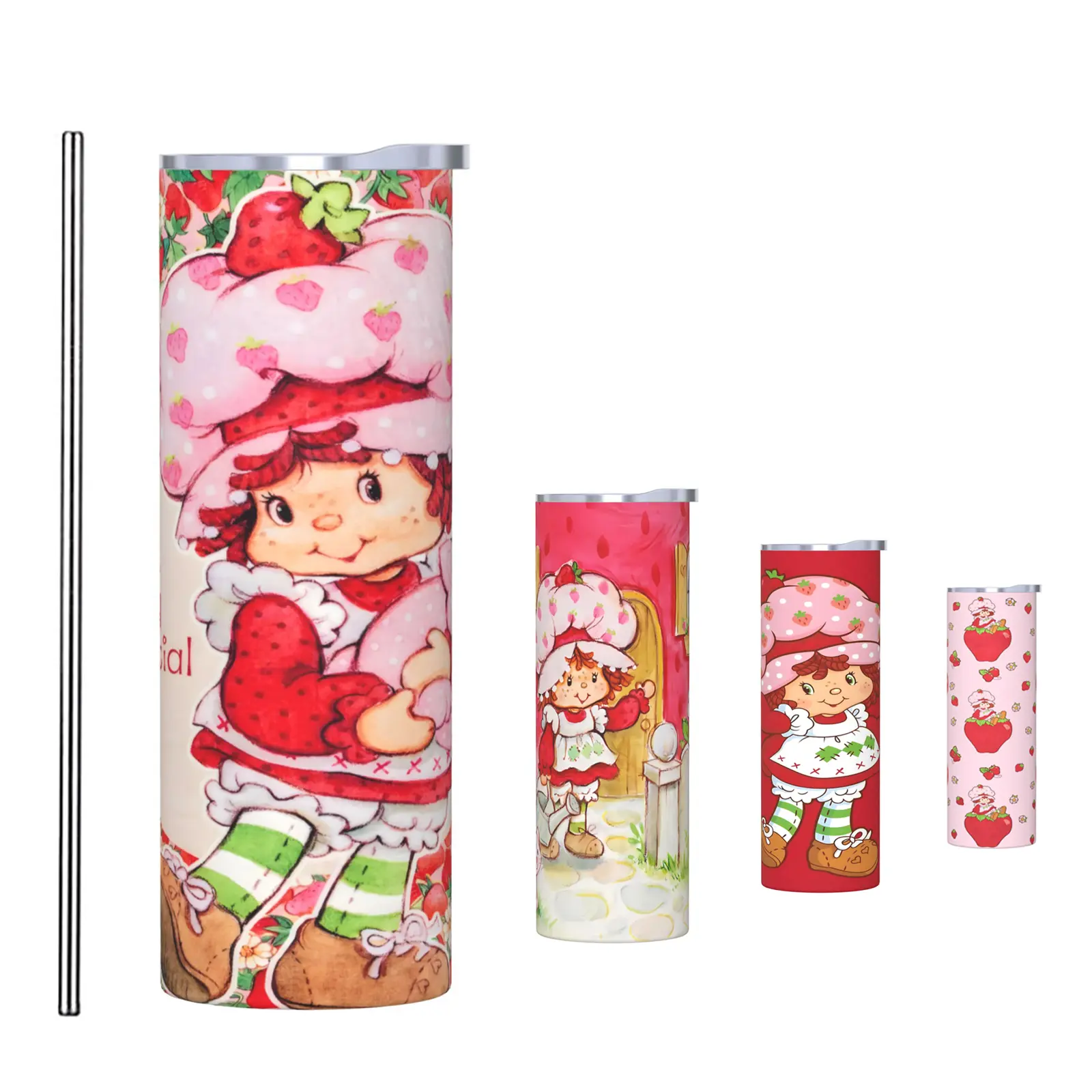 Cute Strawberry Skinny Tumbler With Reusable Straw, Cartoon Cute Girl Pattern 20oz Stainless Steel Insulated Travel Cup Thermal Water Mug For Camping Outdoor Office School Novelty birthday Gift