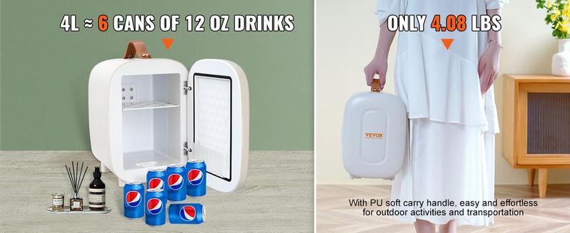 VEVOR Mini Skin Care Fridge, 4 L/6 Can Cute Makeup Fridge for Cosmetics Beverage Fruit Milk, AC/DC Cooler & Warmer, Mute Tiny Refrigerator for Bedroom Office Dorm Desk Car, ETL Certified, White