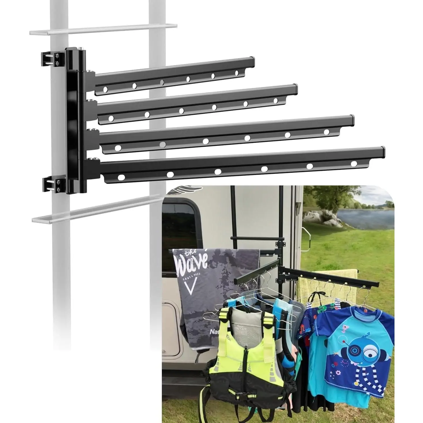 Aluminum RV Clothes Drying Rack Ladder Mounted- 24-Inch Long and 180° Swivel Arms, Essential Outside Travel Trailers & Campers Accessories