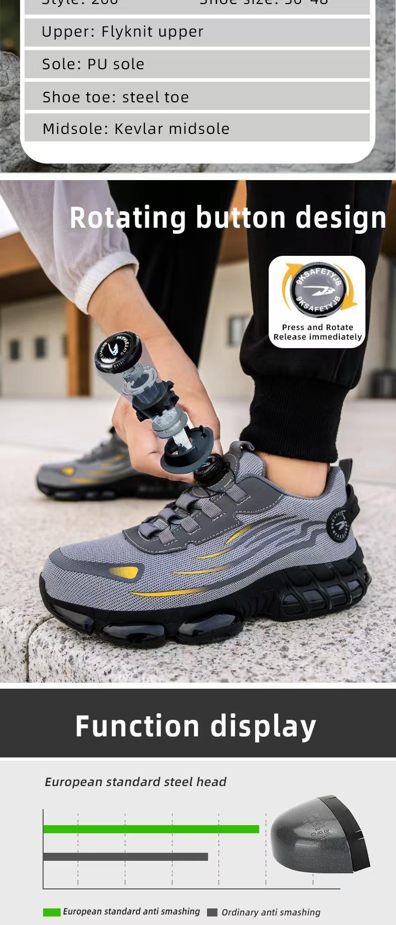 【Nano Composite Toe】Men's Lace Up Low Top Anti Piercing & Anti Smashing Safety Shoes with Rotating Button, Casual Comfortable Breathable Contrast Mesh Work Shoes, for Outdoor Work composite toe shoes