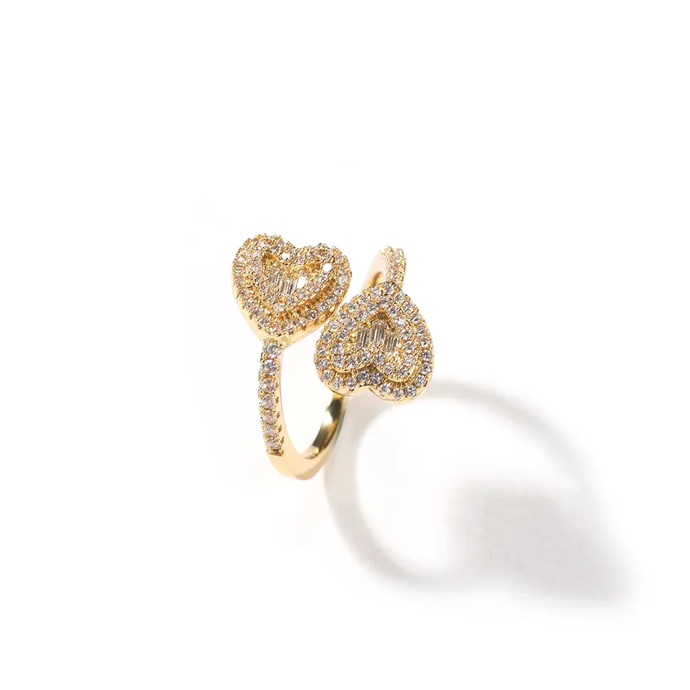 Iced Out Double Heart Open Ring 3 Colors Gold Silver Rose Gold Baguette CZ Cubic Zirconia Adjustable Hip Hop Ring Bling Love Statement Jewelry for Women