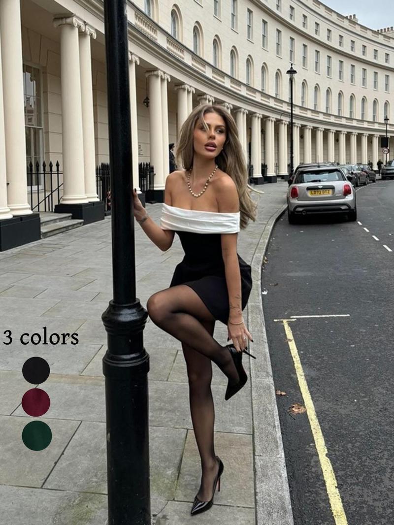 One Shoulder Colorblock Party Dress, Backless Slim-Fitting Short Dress, Elegant Christmas & Holiday Wear, Fall & Winter Fashion Womenswear