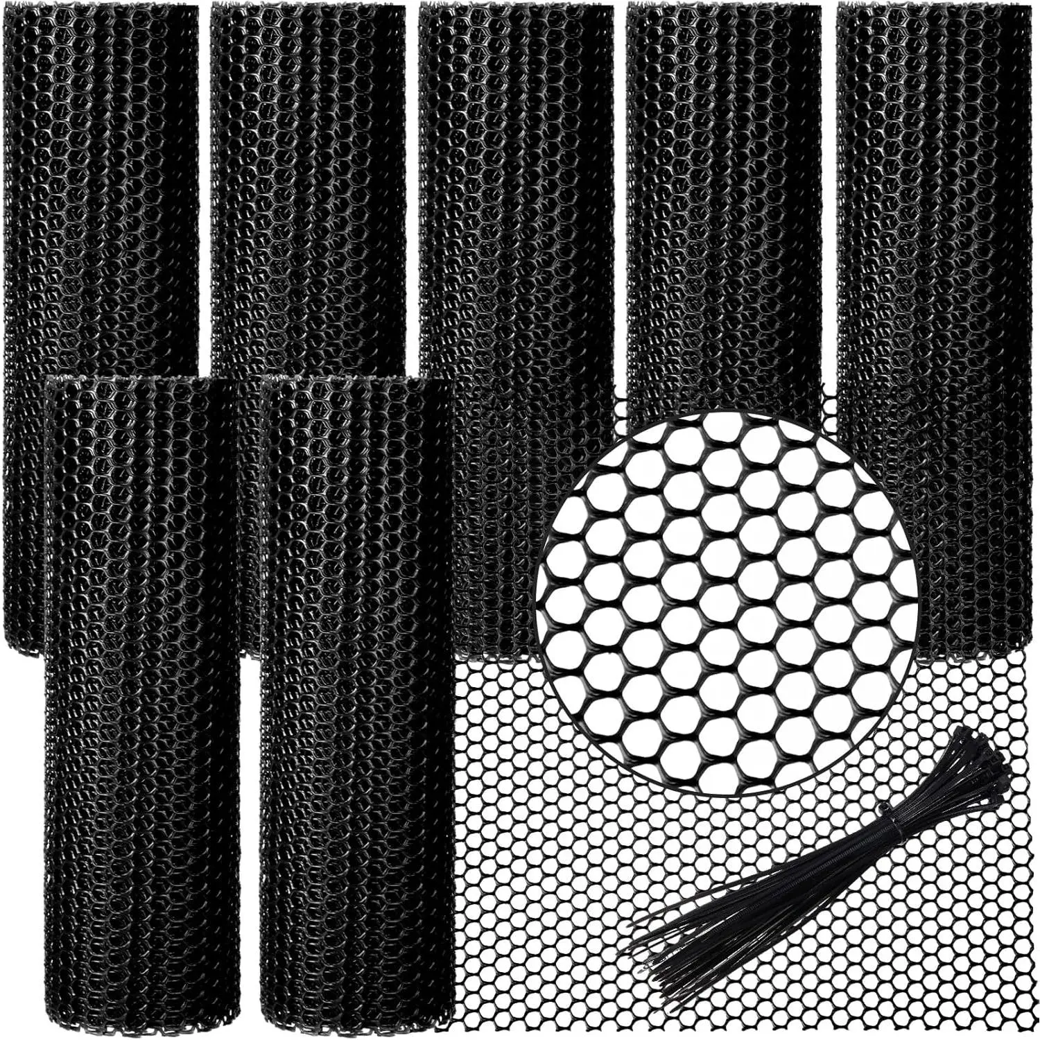 6 Rolls Plastic Chicken Wire Fencing Mesh 120 x 15.7 Inch Each Plastic Mesh Fence with Zip Ties Hexagonal Poultry Netting Garden Fencing Cat and Bird Netting (Black)