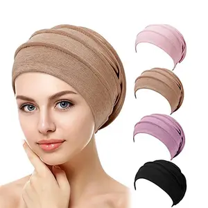 Women's Solid Color Slouch Beanie Turban Hat, Soft Elastic Chemo Cap Inner Hijab, Stretchy Muslim Head Wrap Bonnet for Hair Loss Daily Wear Sleep