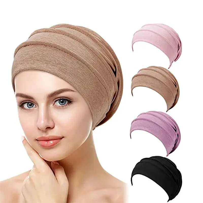 Women's Solid Color Slouch Beanie Turban Hat, Soft Elastic Chemo Cap Inner Hijab, Stretchy Muslim Head Wrap Bonnet for Hair Loss Daily Wear Sleep