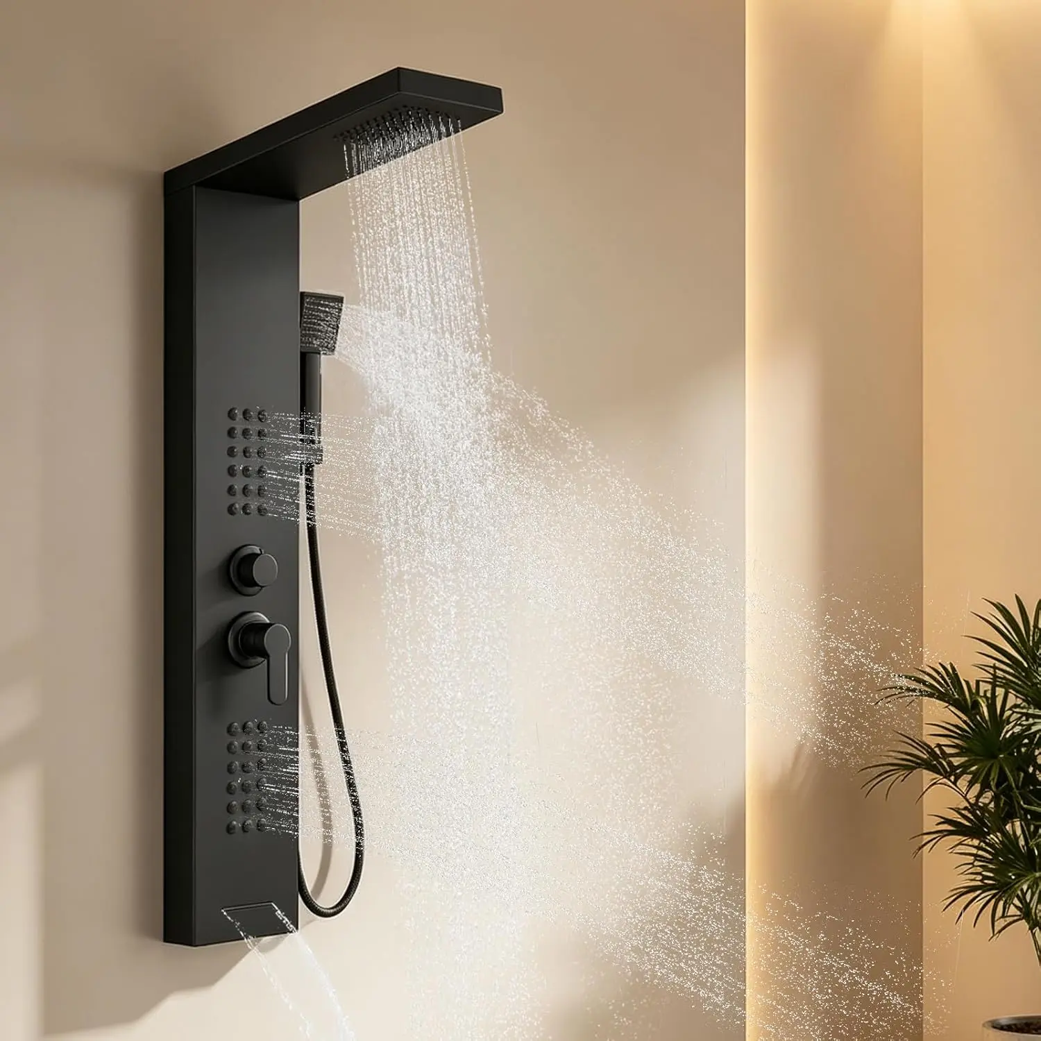 Shower Panel Tower System with Rainfall Shower , Matte Black | Shower Tower with   Jets, Handheld Shower and Tub Spout, Stainless Steel Shower Column Black High