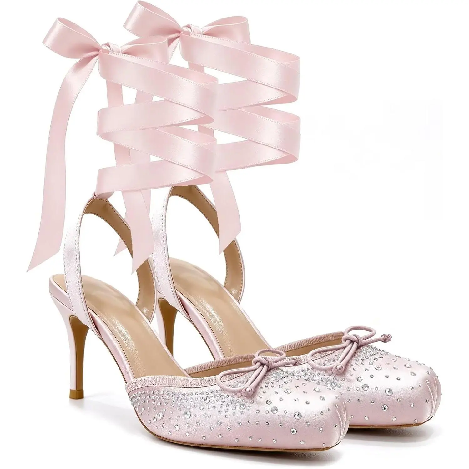 Satin Ballet Heels for Women, Lace Up Ballet Pumps with Bow,Square Toe High Slingback Heel Strappy Elegant Dress Stiletto Mary Jane Ballerina Shoes for Party and Wedding