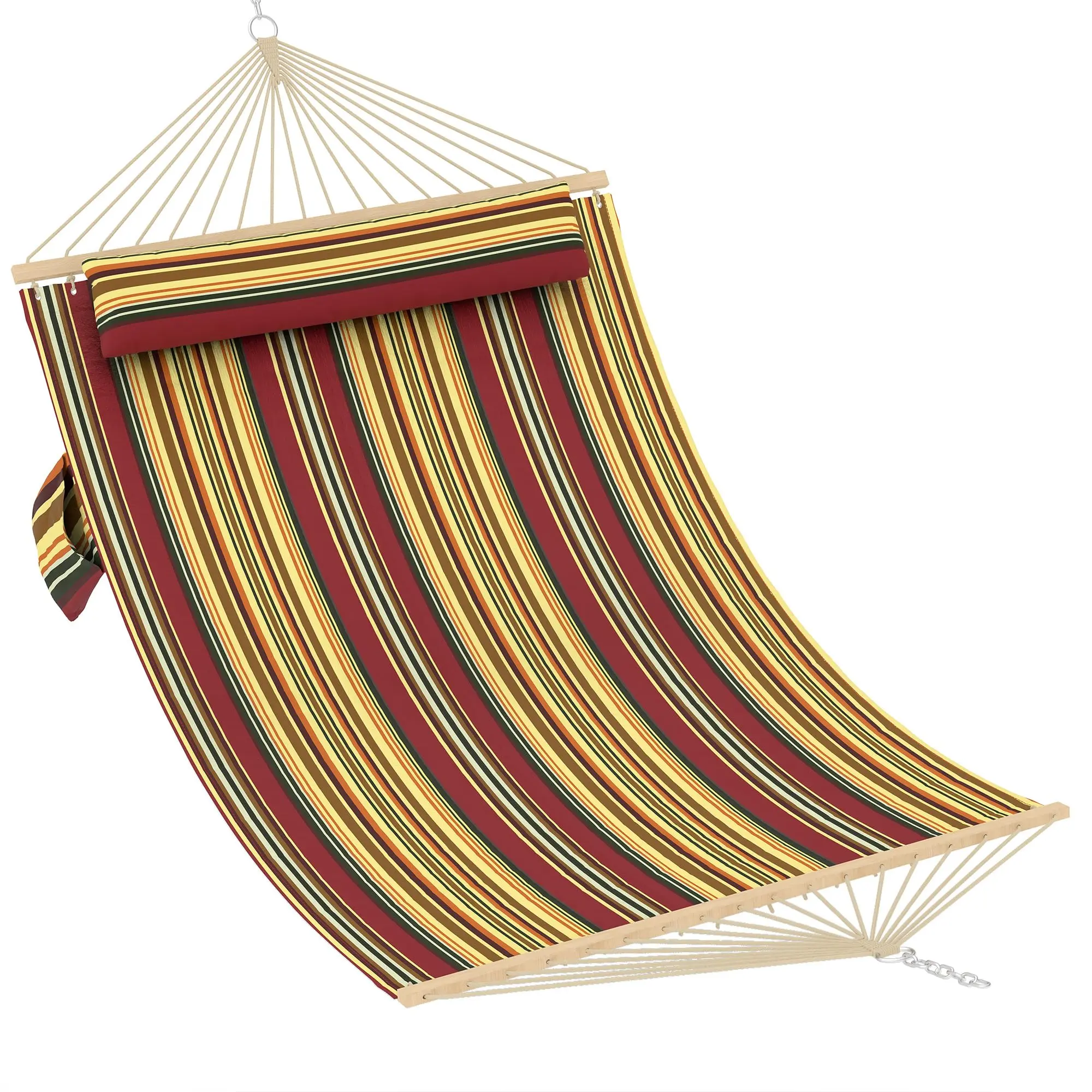 Double Quilted Hammock with Wooden Spreader Bar, Pillow & Chains, 2 Person Outdoor Relaxation Hammock without Stand camping use backyard