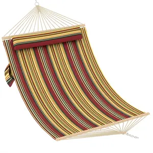 Double Quilted Hammock with Wooden Spreader Bar, Pillow & Chains, 2 Person Outdoor Relaxation Hammock without Stand