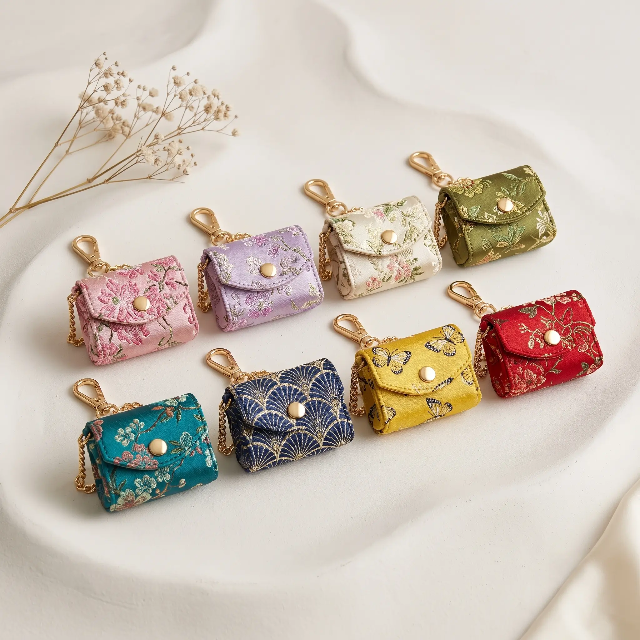 Women's Handmade Chinese Ethnic Yarn Brocade Keychain Cute - Multi-Use Charm with Peony Lotus Embroidery Detail, Adjustable Loop, Floral Motif, Coin Purse Bag Accessory for Daily Wear