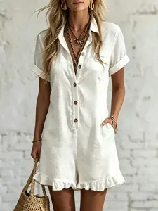 Elegant Lapel Button Design Romper, Casual Vacation Style High-Waisted Slimming Romper, Comfortable and Stylish One-Piece