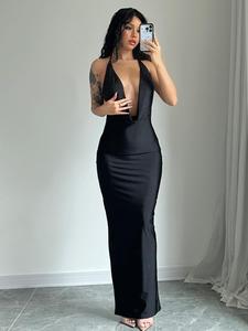 women's solid backless draped tie back satin dress, slim fit fashion halter neck sleeveless long bodycon smooth dress for evening party, birthday dresses 2024, dresses for women, smooth elegant dress for women, formal wear womenswear