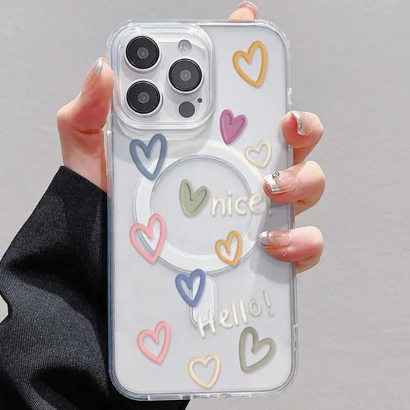 MagSafe Magnetic Clear TPU Phone Case for iPhone 11/12/13/14/15/16/17 Air/Pro Max - Viral Coquette Pastel Colorful Hearts "Hello Nice" Print, Slim, Shockproof Protective Cover silicone high-end luxury transparent magsafe wireless fashionable